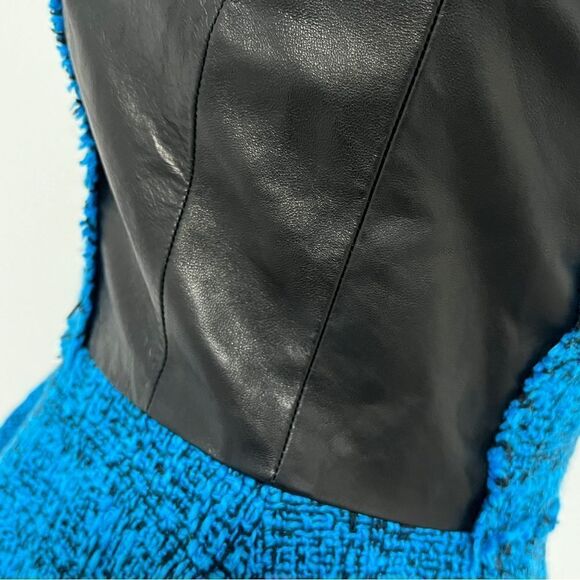 Rebecca Taylor Lamb Leather Panel Tweed Peplum Top Blouse 2 Surf Blue Black $475 - Picture 3 of 12